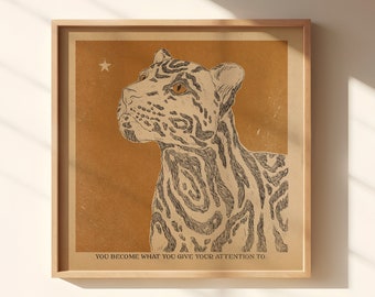 Boho bedroom minimalist animal art print, clouded tiger with inspirational quote