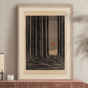 Vintage Sonnenuntergang Kunst abstraktes Wald Retro Plakat Sonne Natur Druck Boho Dekor moderne Kunst Mid Century Kunst
