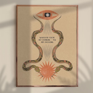 Whatever | Vintage snake art with positive quote,modern minimalist sun poster