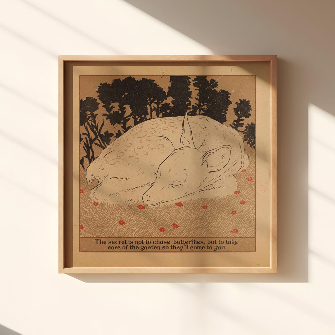 Garden | Retro Little Deer Art, Minimalist Lineart Print With Fawn - Etsy