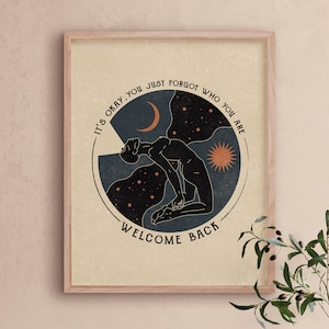 Bienvenido de nuevo / Decoración solar vintage con cita inspiradora, póster de salud mental, decoración de pared, arte celestial retro, decoración lunar, autocuidado, impresión de los años 70