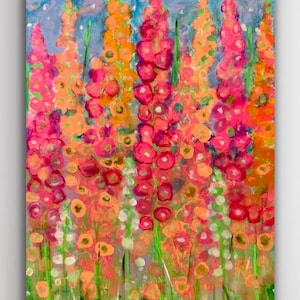 May include: An abstract painting featuring vibrant flowers in pink, orange, and yellow hues. The flowers are depicted with a vertical, elongated form, set against green stems and a blue sky. A colourful representation of nature.
