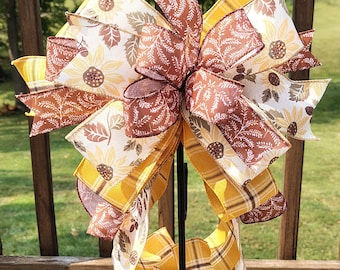 Fall Wreath Bow, Sunflower Plaid Ribbon, Autumn Decor
