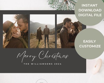 Op de afbeelding: Een zwart-witte kerstkaart met drie foto's van een stel. De bovenste foto toont het stel dat elkaar kust, de middelste foto toont het stel dat over een veld loopt, en de onderste foto toont het stel dat elkaar weer kust. De tekst "Merry Christmas" en "The Williamsons 2024" staat op de kaart gedrukt.