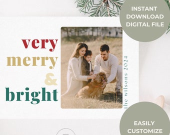 May include: A Christmas card with a photo of a family with a dog. The text on the card reads "very merry & bright the Wilsons 2024".