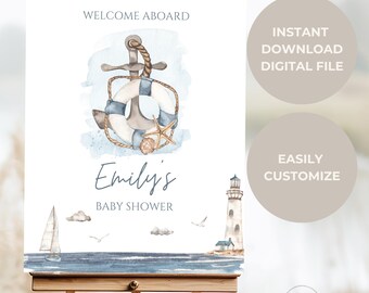 Könnte beinhalten: Babyparty-Schild auf einer Staffelei mit maritimem Thema. Das Schild zeigt eine Aquarellillustration eines Rettungsrings, eines Ankers und eines Seesterns. Der Text enthält "Welcome Aboard" und "Emily's Baby Shower."