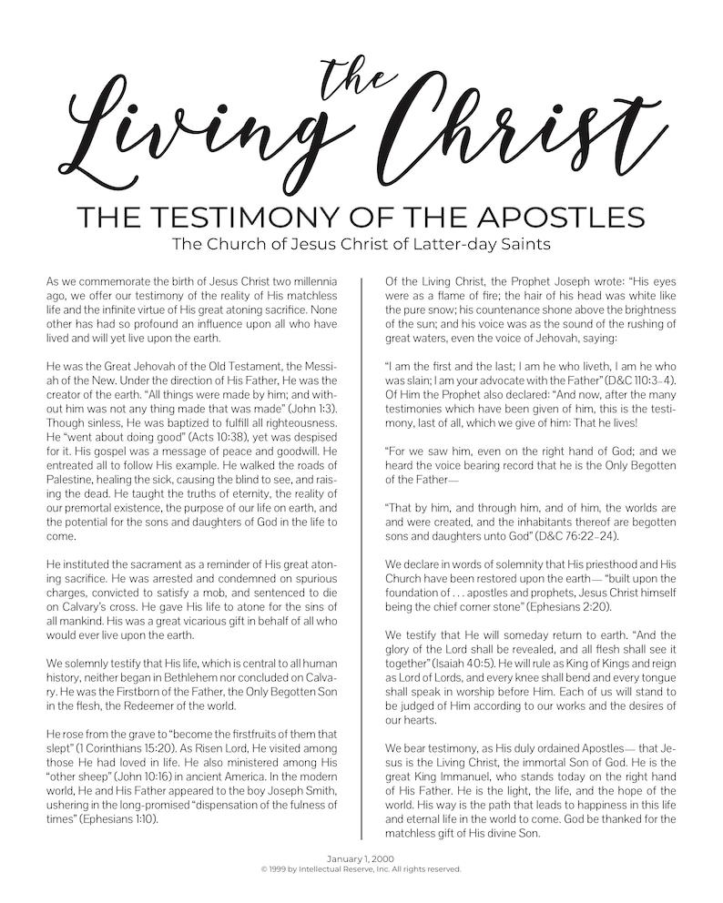 Lds The Living Christ Printable Free
