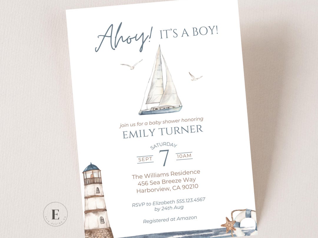 Nautical Baby Shower Invitation Template, Ahoy It's a Boy, Editable