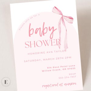 Editable Pink Bow Baby Shower Invitation, Baby Girl Shower Invitation Template, Digital Download, Customizable Baby Shower Invite, Cute Bow