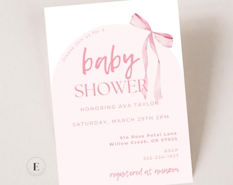 Editable Pink Bow Baby Shower Invitation, Baby Girl Shower Invitation Template, Digital Download, Customizable Baby Shower Invite, Cute Bow