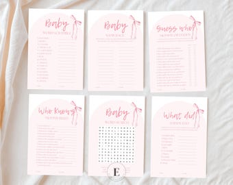 Paquete de juegos para baby shower con lazo rosa - Actividades imprimibles para baby shower de niña - Descarga instantánea - Tema de lazo rosa