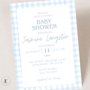 Bearbeitbare blaue Gingham-Babyparty-Einladungsvorlage, Baby-Dusche einladen, anpassbare Jungen-Duscheeinladung, digitaler Download einladen
