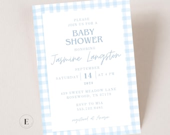 Plantilla editable de invitación para baby shower de cuadros azules, invitación para baby shower de niño, invitación personalizable para baby shower de niño, invitación de descarga digital
