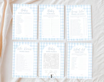 Juegos para baby shower con arco de cuadros azules, imprimibles para baby shower de niño, actividades para fiestas de descarga instantánea (versión 2)