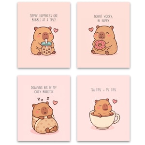 May include: Four pink cards with cute cartoon illustrations of a brown bear. One card shows the bear drinking boba tea, another with a donut, one wrapped in a burrito, and one in a teacup. Each card has text.
