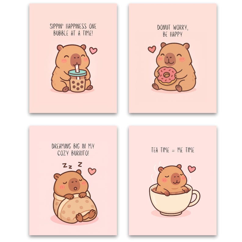 May include: Four pink cards with cute cartoon illustrations of a brown bear. One card shows the bear drinking boba tea, another with a donut, one wrapped in a burrito, and one in a teacup. Each card has text.