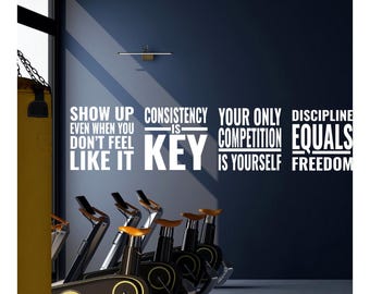 Zestaw minimalistycznych naklejek ściennych do siłowni – motywujące cytaty do domowej siłowni – dekoracja sali fitness z dyscypliną i konsekwencją