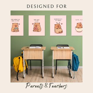 May include: Four pink wall art prints with cute cartoon bear illustrations, each with a different theme and text. The text includes "Sip Happiness or Bubble at a Tea", "Donut Worry, Be Happy", "Dreaming Big in my Cozy Burrito", and "Tea Time = Me Time".
