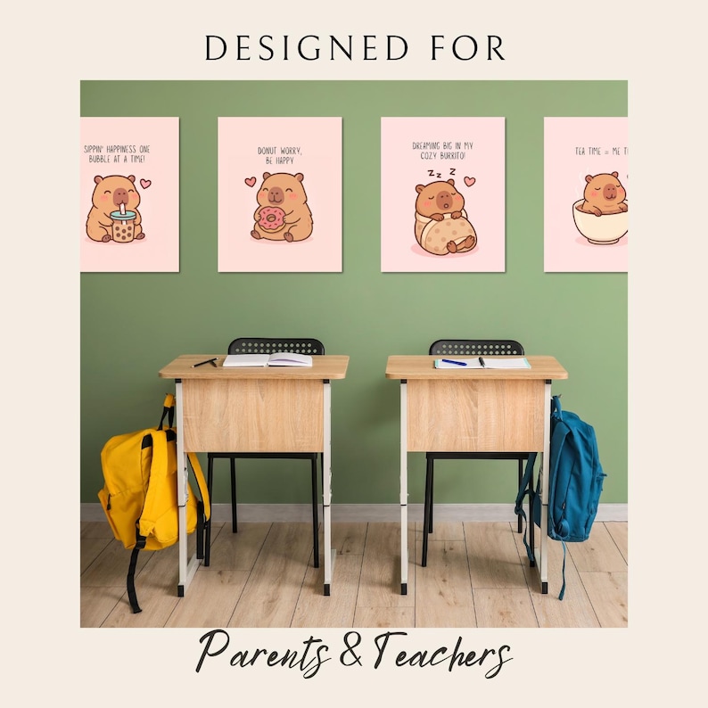May include: Four pink wall art prints with cute cartoon bear illustrations, each with a different theme and text. The text includes "Sip Happiness or Bubble at a Tea", "Donut Worry, Be Happy", "Dreaming Big in my Cozy Burrito", and "Tea Time = Me Time".