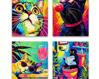 モダンな縞模様の猫のアートプリント、カラフルなポップアート、猫の