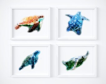 Watercolor Turtle Art Print Set, USA Handmade Nursery Decor