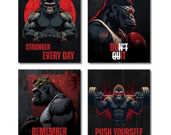 Gorilla Ape Motivational Gym Poster Set Wall Art Print Decor for Home Gym Workout Fitness Room