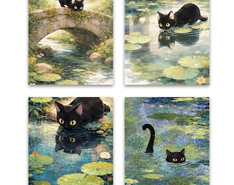 Cat Watercolor Art Poster Set Soft Nature Wall Decor Black Cat Painting Garden Artwork