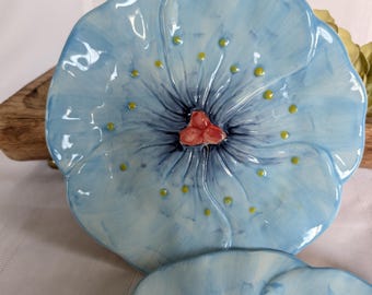 Maxcera Handbemalte Keramik Blau Floral Hibiskus Salatteller Set