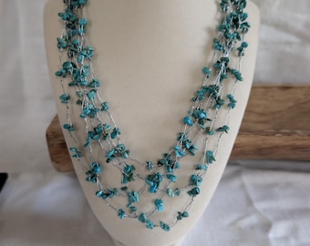 Vintage LUC Sterling Silver Turquoise Chip Multistrand Scatter Necklace 20"