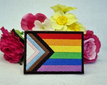 Progress pride rainbow flag embroidered patch. Iron On, Velcro or Sew On options! LGBT - LGBTQ+ - Gay - Queer - Trans