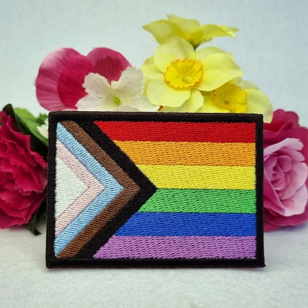 Progress pride rainbow flag embroidered patch. Iron On, Velcro or Sew On options! LGBT - LGBTQ+ - Gay - Queer - Trans