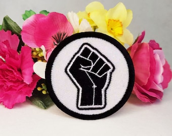 Black Lives Matter Fist embroidered patch. Iron On, Velcro or Sew On options!