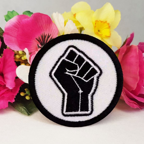 Black Lives Matter Fist embroidered patch. Iron On, Velcro or Sew On options!