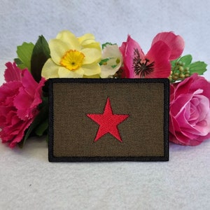 Olive drab flag with red star embroidered patch. Iron On, Velcro or Sew On options!