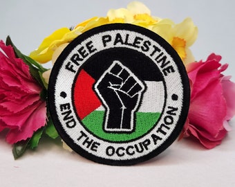 Free Palestine - End the occupation embroidered patch. Iron On, Velcro or Sew On options! Free Gaza! Free Palestine! Ceasefire now!