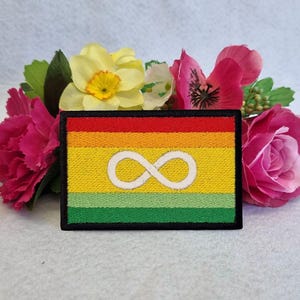 May include: A rainbow pride flag with an infinity symbol in white on a yellow background. The flag is surrounded by pink and yellow flowers.