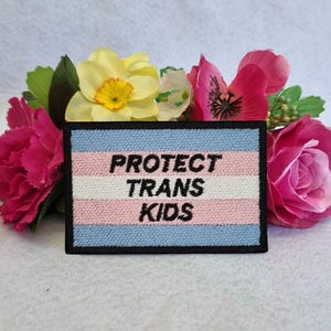 以下が含まれることがあります： ピンク、白、青の刺繍パッチで、黒い文字で「PROTECT TRANS KIDS」と書いてあります。
