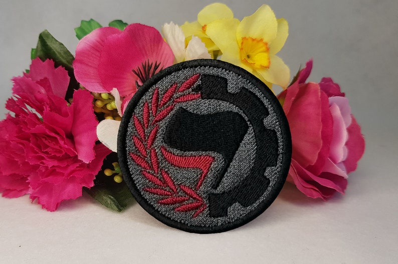 Antifa (anti-fascist) wreath and cog patch. Iron on, Velcro or Sew on! image 3