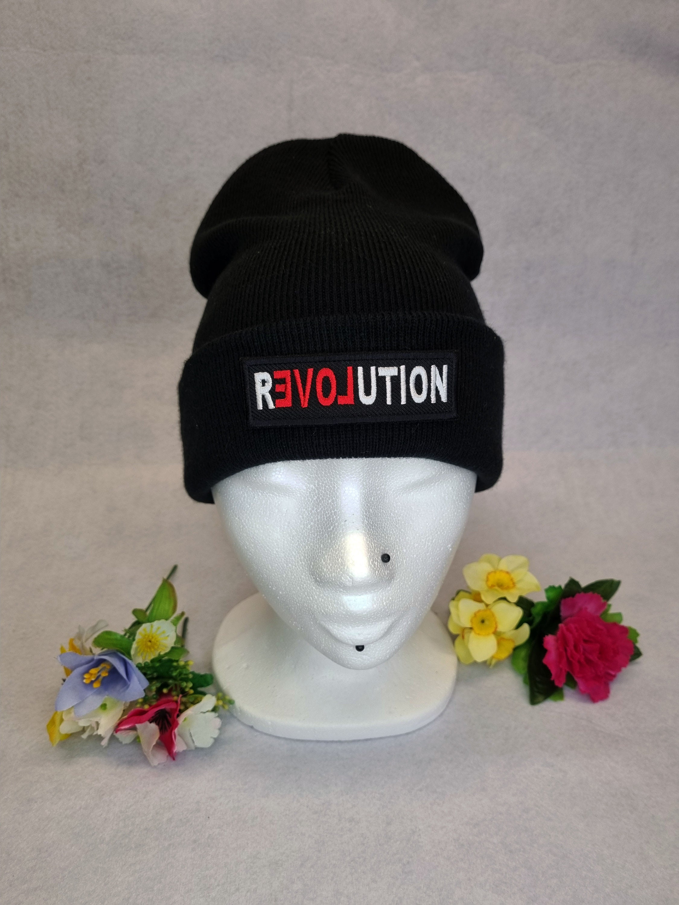 Love Revolution patch on Beanie hat. (more colours available on request)