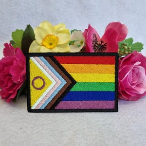 May include: Embroidered patch with a rainbow flag design and additional symbols, set against pink and yellow flowers. The patch has a black border. The flag includes a yellow triangle with a purple circle.