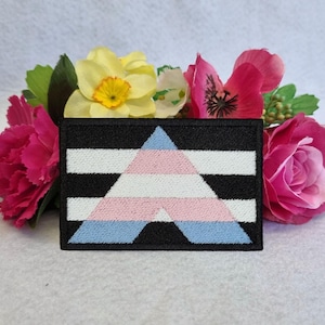 May include: A black and white striped patch with a pink, white, and blue triangle in the center. The triangle is a symbol of transgender pride.