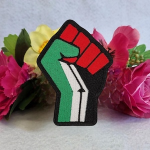 Può includere: Una toppa ricamata di colore nero, verde, rosso e bianco che rappresenta un pugno alzato. Il pugno è un simbolo di solidarietà e resistenza.