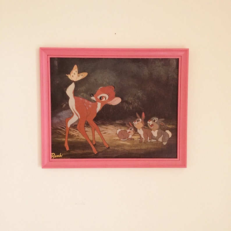 Vintage Walt Disney Bambi Lithograph In Pink Plastic Frame