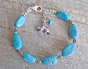Sterling Silver Bear Spirit Animal Bracelet, Blue Turquoise Healing Gemstone Bracelet, Gift for Her, Bear Animal Totem, Power Animal, Silver