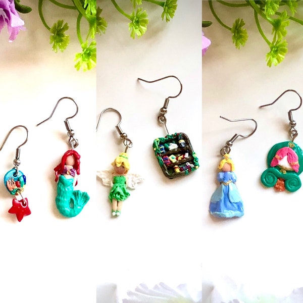 Earrings,dangle earrings,Disney princess,tinker bell earrings,handmade earrings,gifts for her,Disney,handmade,Ariel,gifts under 10