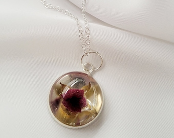 Dried rose resin sphere pendant necklace 925 silver chain NO3