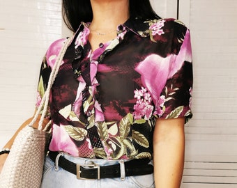 Camisa vintage, blusa con volantes morados con estampado floral vintage de los 90