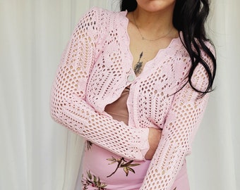 Pink sheer crop sweater top, 90s retro cable knit see through pink one button cardigan