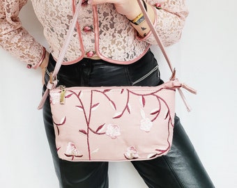 Retro Y2K pink embroidered mini shoulder baguette bag