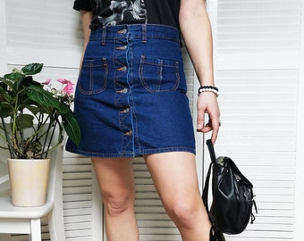 Saia vintage, minissaia jeans azul vintage dos anos 2000 com botões frontais, roupas femininas retrô